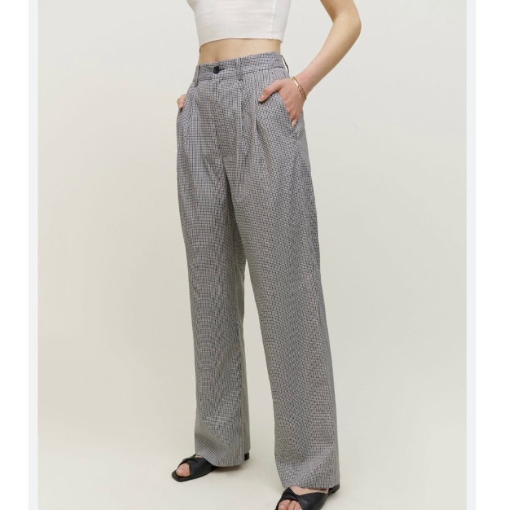 Reformation‎ Oren Pant Wide Leg Relaxed Fit Grey Check Print size 6 Petite